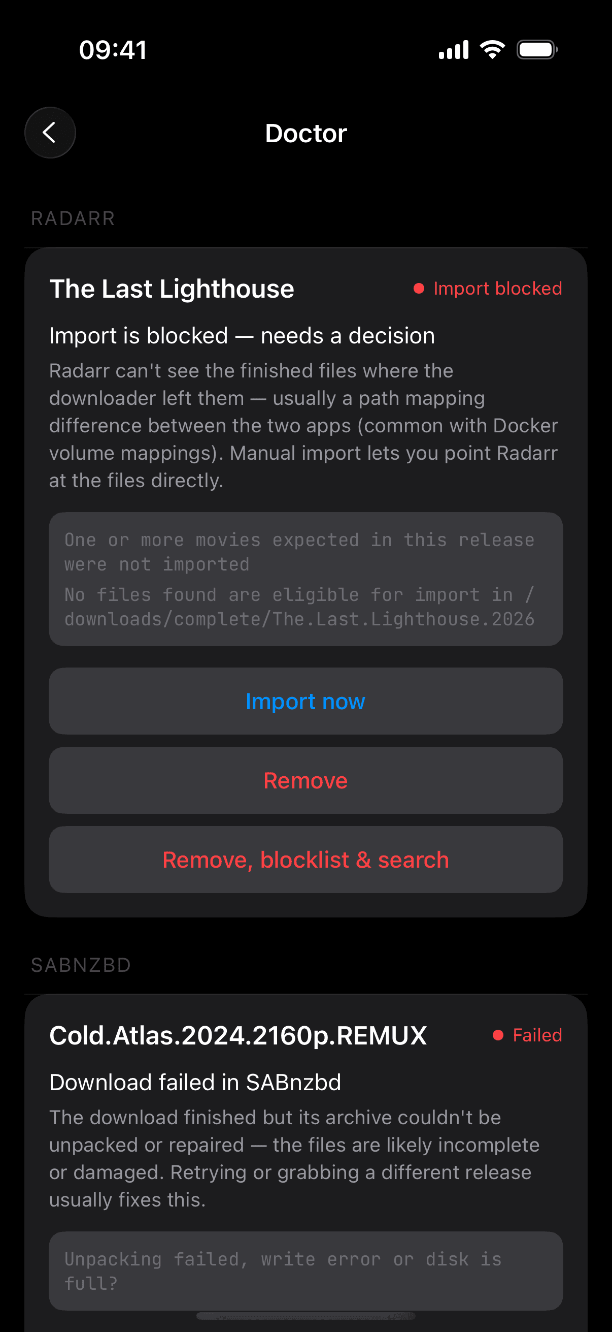 The Doctor: a stuck import with import-blocked status and an Import now action.