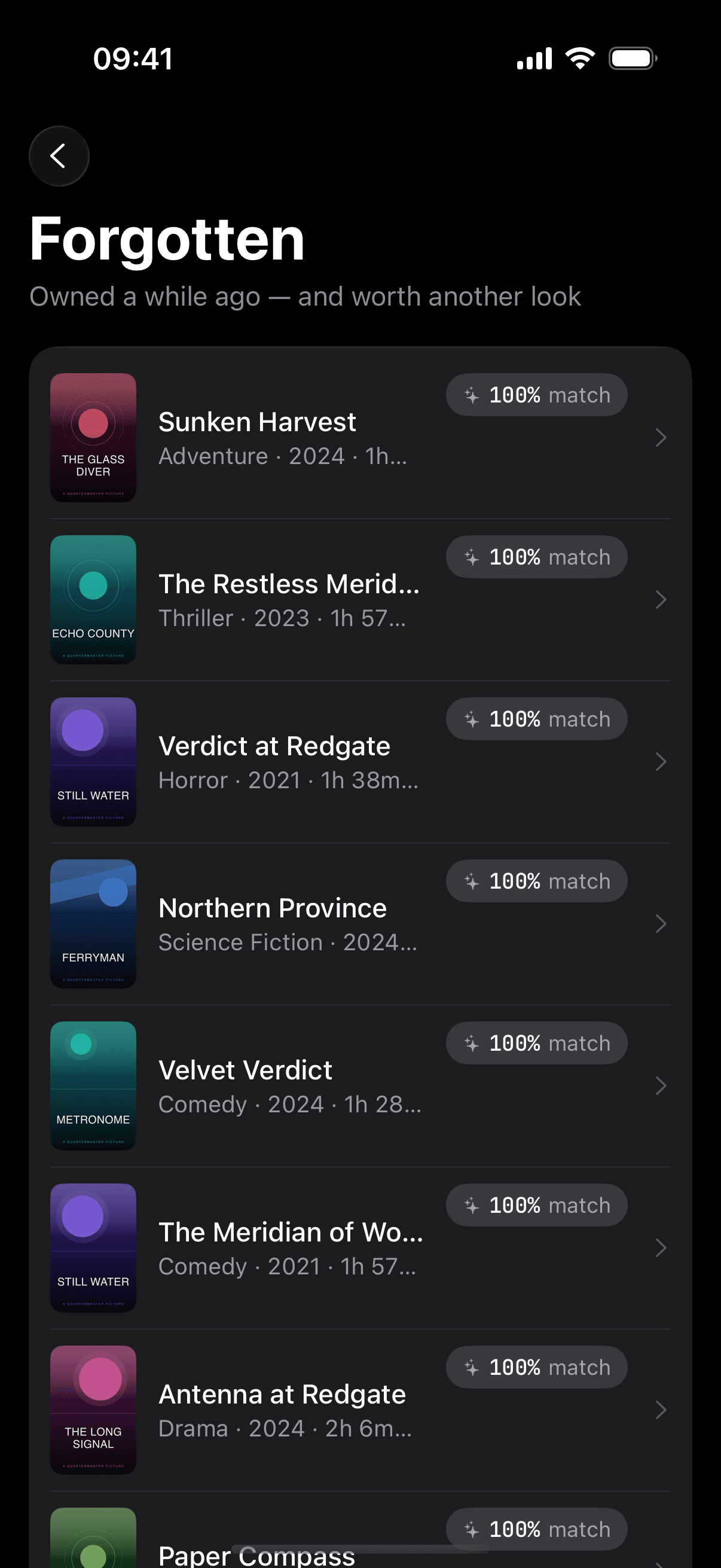 Forgotten: owned-a-while-ago list with 100% taste-match badges.