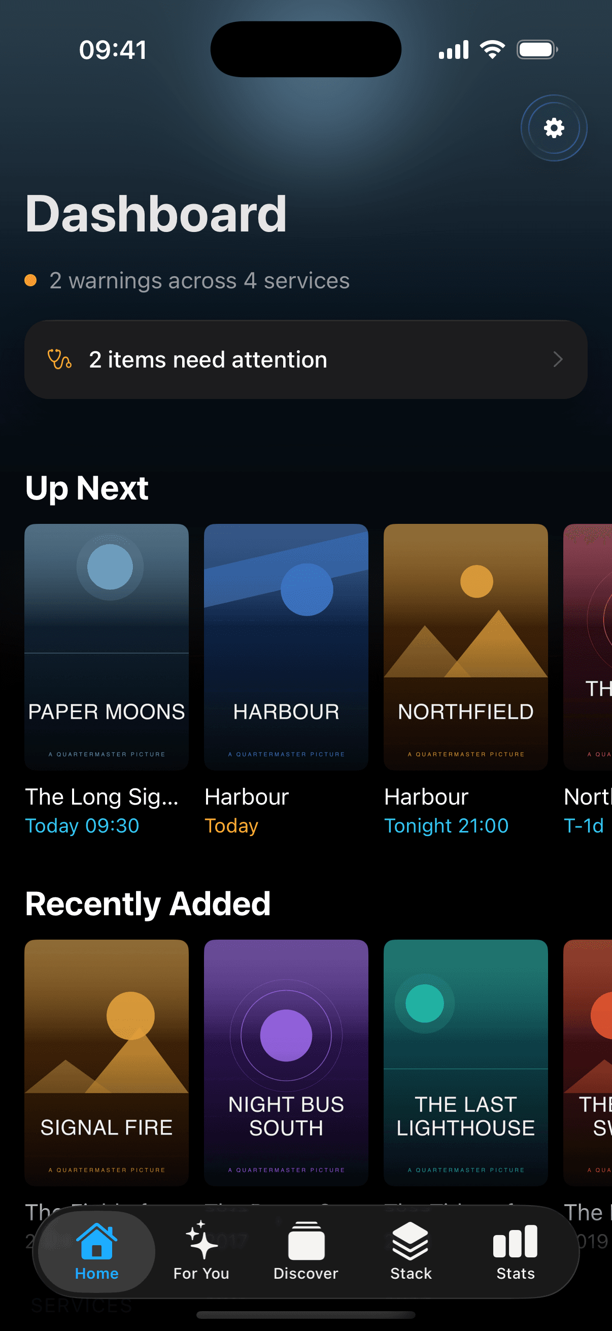Dashboard: warnings strip, an Up Next rail with fictional poster cards (Paper Moons, Harbour, Northfield) and a Recently Added rail below, with the native tab bar visible.