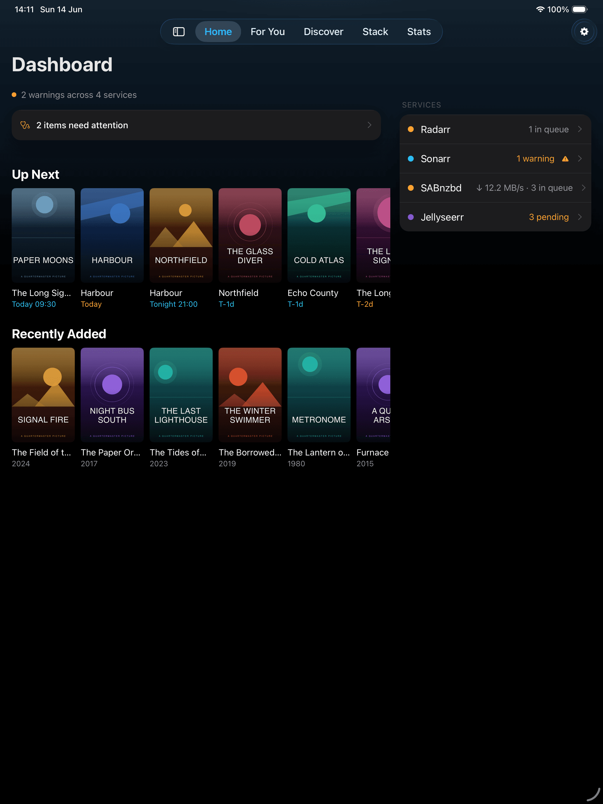 iPad home dashboard with multi-column layout and side rails.