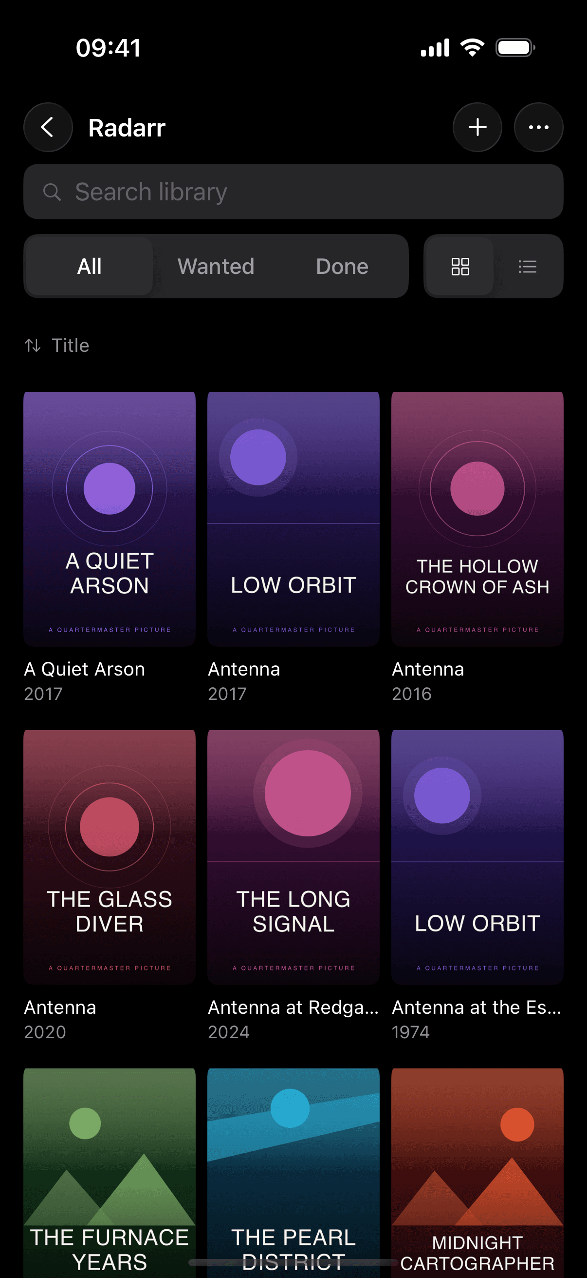 Radarr library: a grid of fictional 'Quartermaster Pictures' posters (A Quiet Arson, Low Orbit, The Hollow Crown of Ash) with sort and filter controls.