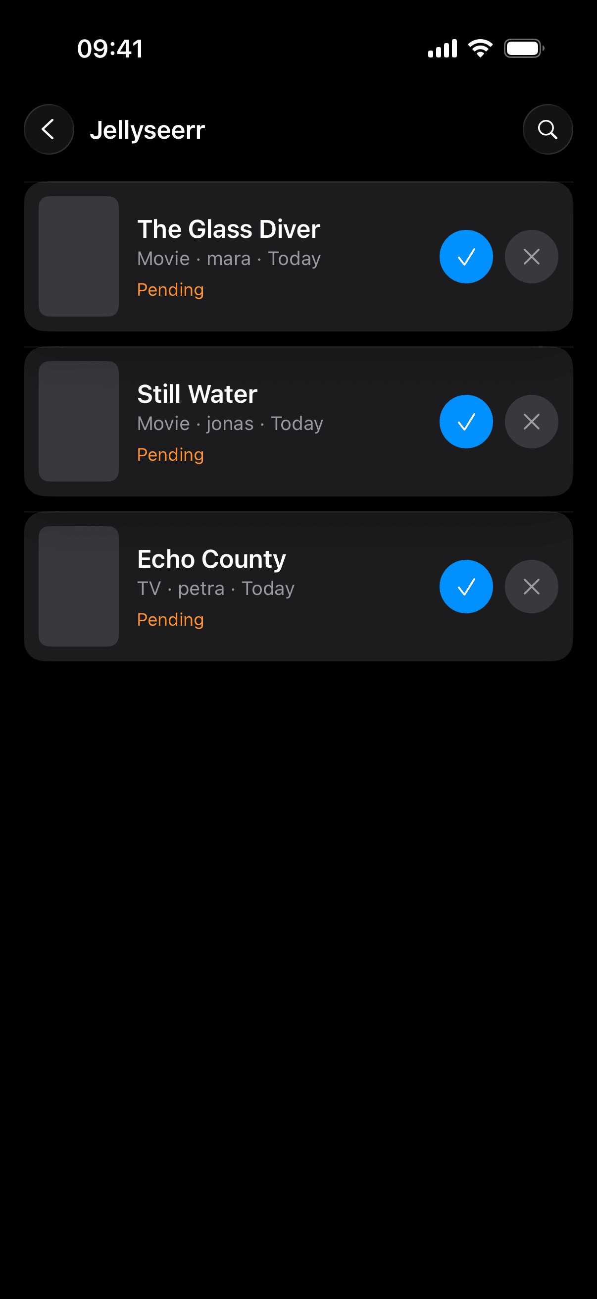 Jellyseerr requests inbox: three pending requests with Approve / Decline swipe actions.