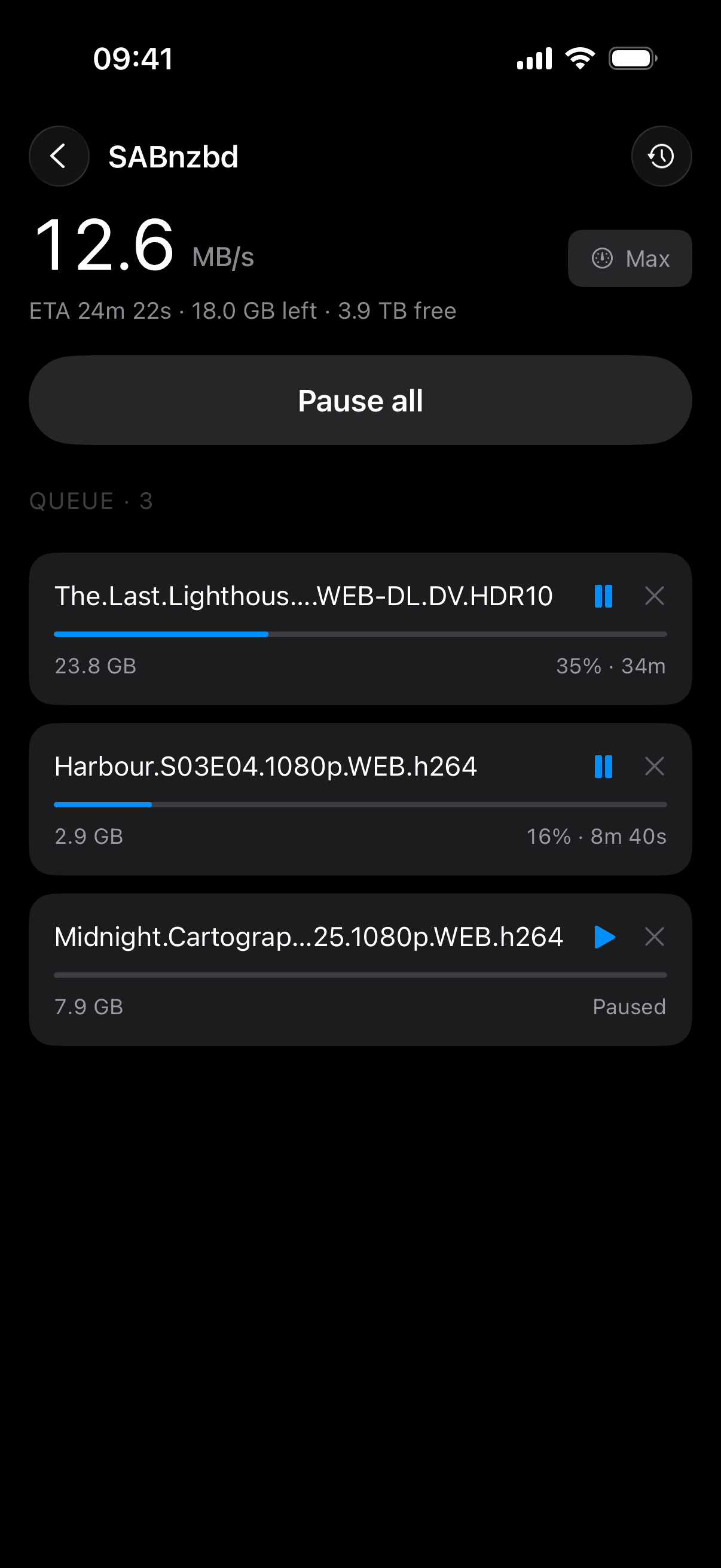SABnzbd live queue: a 12.6 MB/s headline figure with three downloads showing progress bars and ETA.