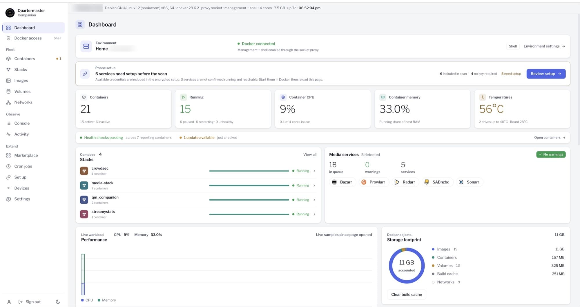 QM Companion dashboard: containers, CPU, memory and temperature at a glance, with stacks and detected media services.