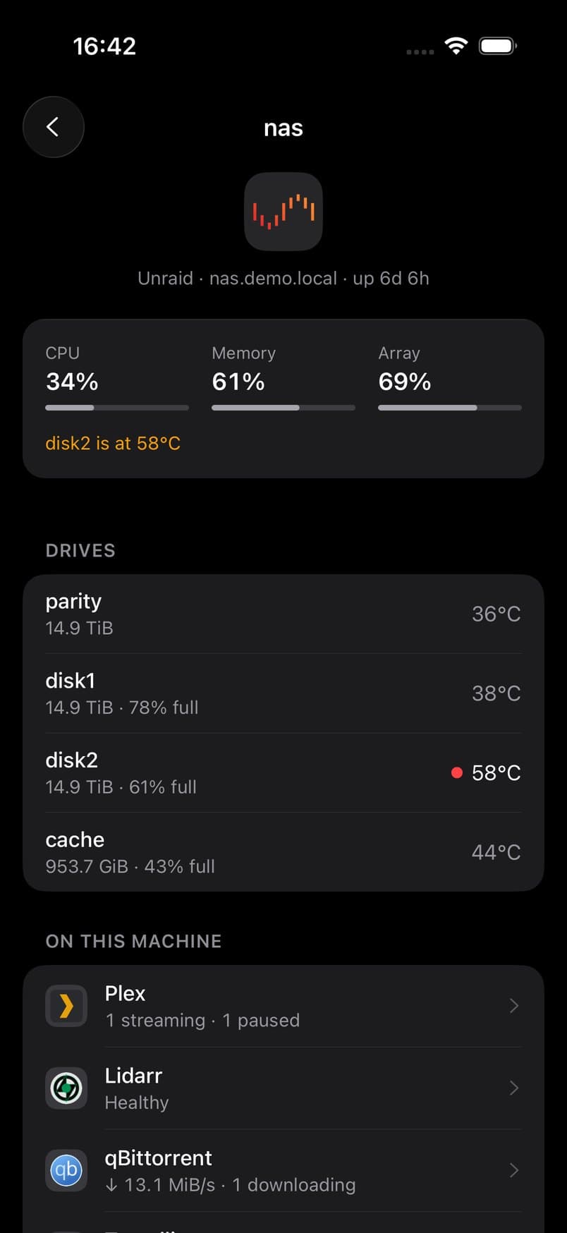 A machine page in Quartermaster 1.3 for an Unraid box called nas: CPU, memory and array use, four drives with their temperatures, and the services running on it.