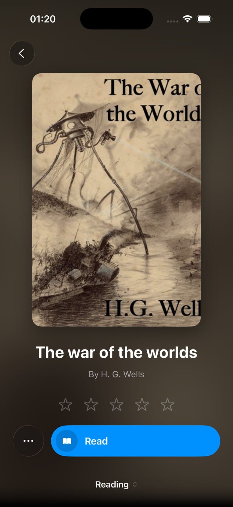 A book page in QM Reader for The War of the Worlds by H. G. Wells, with a Read button and the book's reading status.