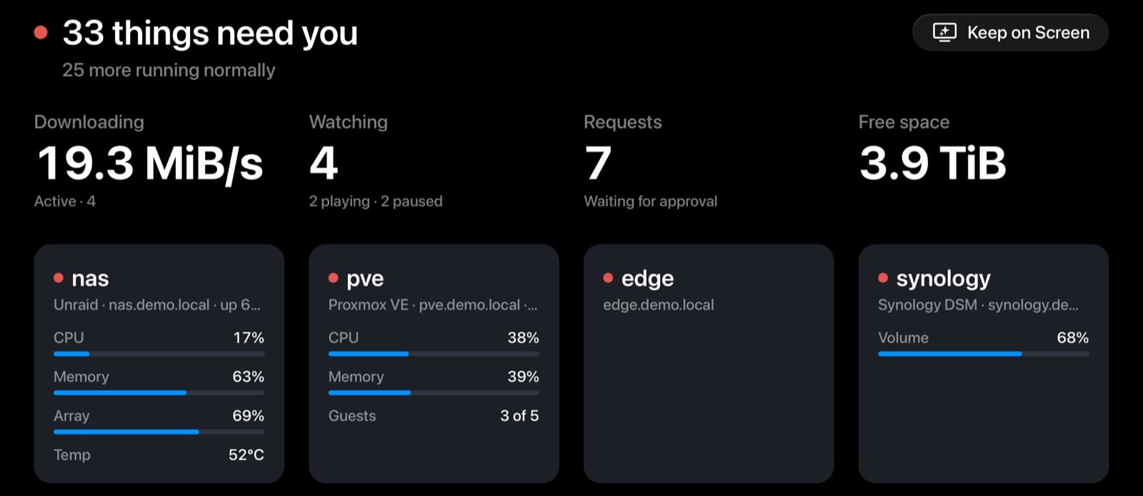 The Command Centre on Apple TV: 33 things need you, with downloading, watching, requests and free space, and cards for machines called nas, pve, edge and synology.