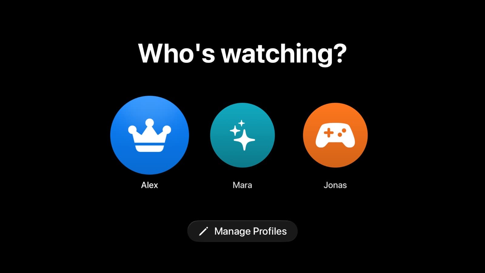 The Apple TV app's Who's watching screen with three profiles, Alex, Mara and Jonas, and a Manage Profiles button.